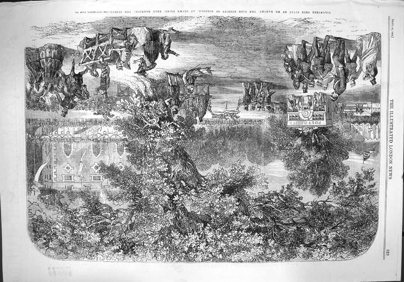 Original Old Antique Print 1862 Fete Harvey Shriff Norfolk Crown Point Norwich
