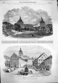 Original Old Antique Print 1862 Ducal Palace Gotha Germany Market Place Queen