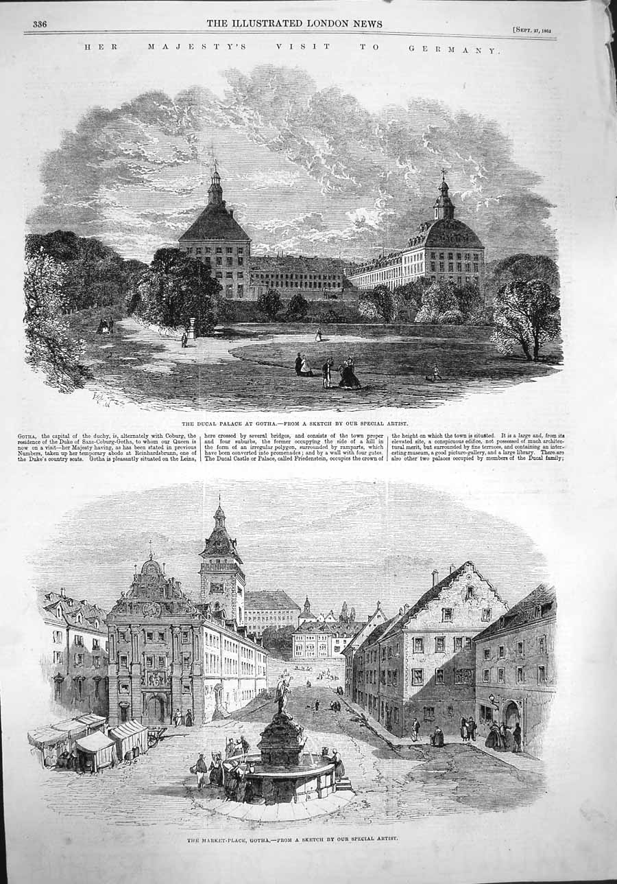 Original Old Antique Print 1862 Ducal Palace Gotha Germany Market Place Queen
