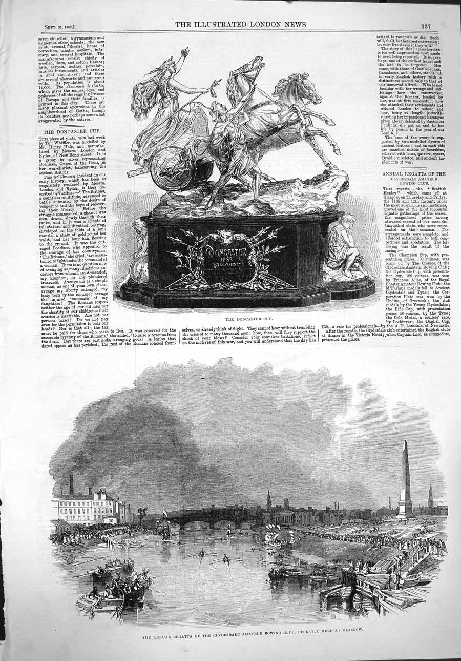 Original Old Antique Print 1862 Doncaster Cup Regatta Clydesdale Rowing 19th
