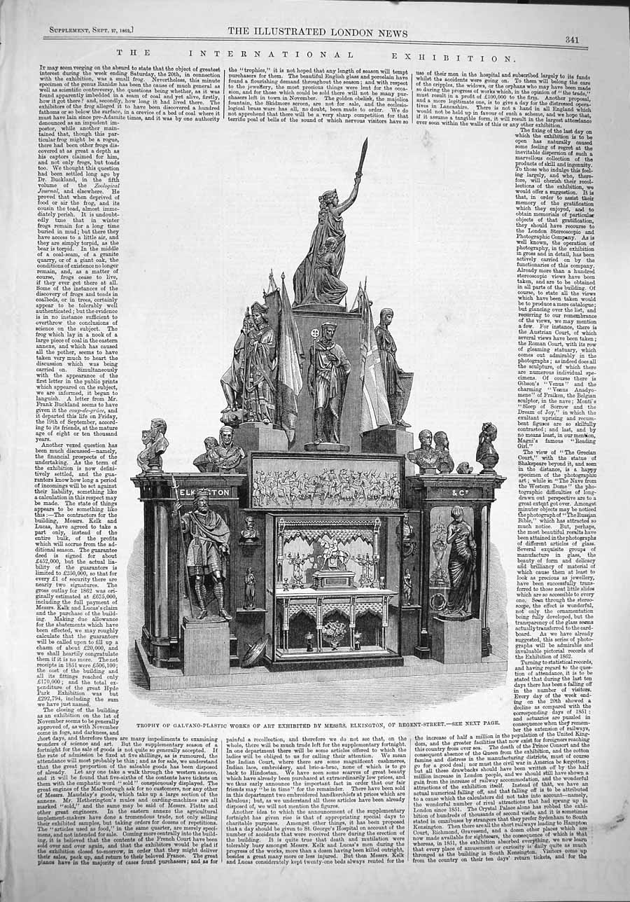 Old Antique Print 1862 Trophy Galvano-Plastic Works Elkington Exhibition 19th