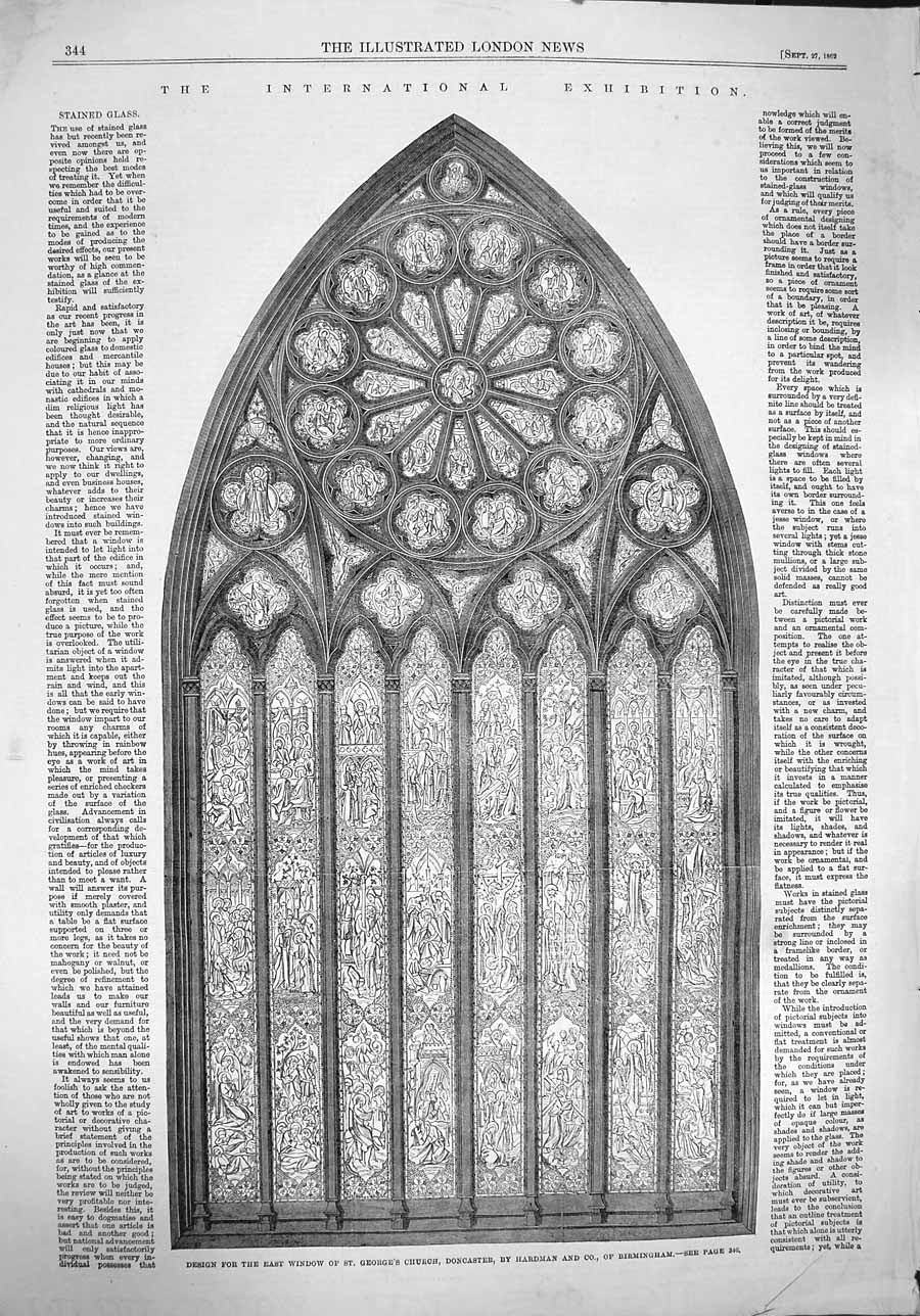 Original Old Antique Print 1862 Window George'S Church Doncaster Exhibition