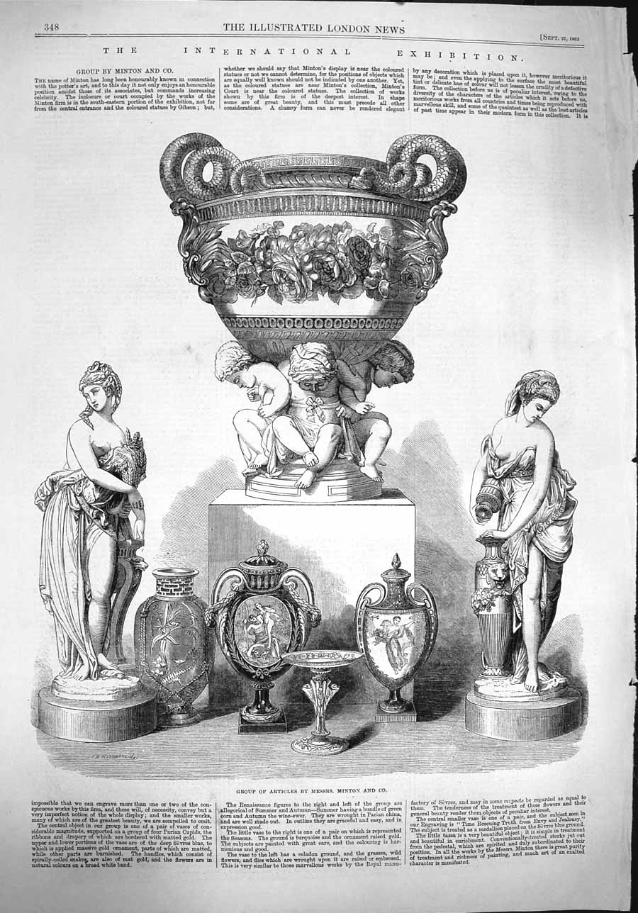 Original Old Antique Print 1862 International Exhibition Group Articles 19th