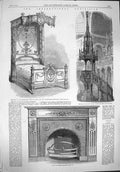 Old Antique Print 1862 Bedstead Furniture Pulpit International Exhibition 19th