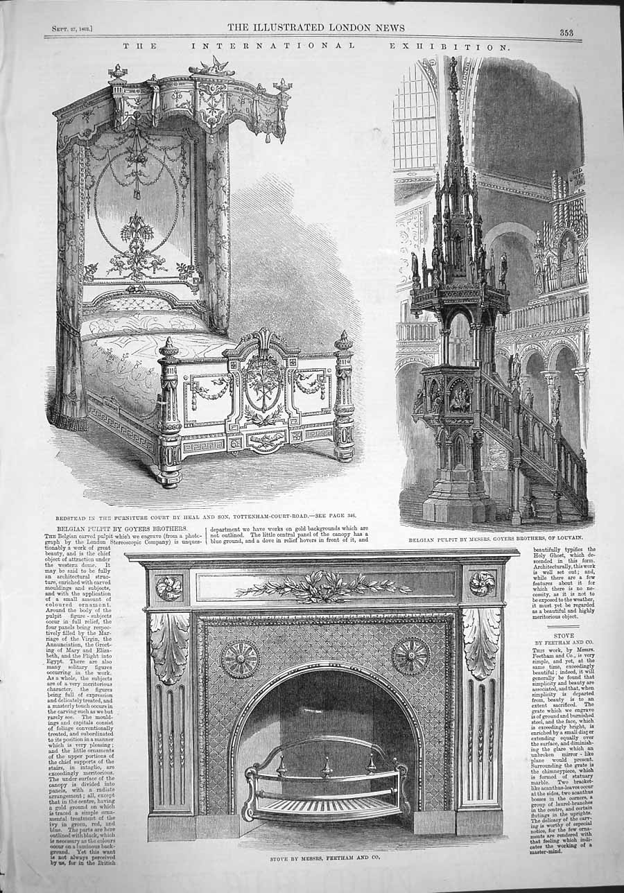 Old Antique Print 1862 Bedstead Furniture Pulpit International Exhibition 19th