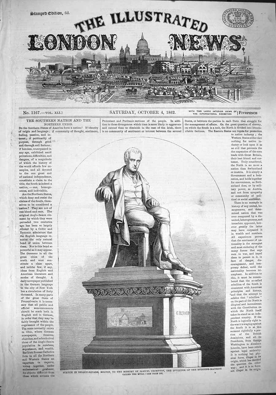 Original Old Antique Print 1862 Statue Nelson-Square Bolton Samuel Crompton