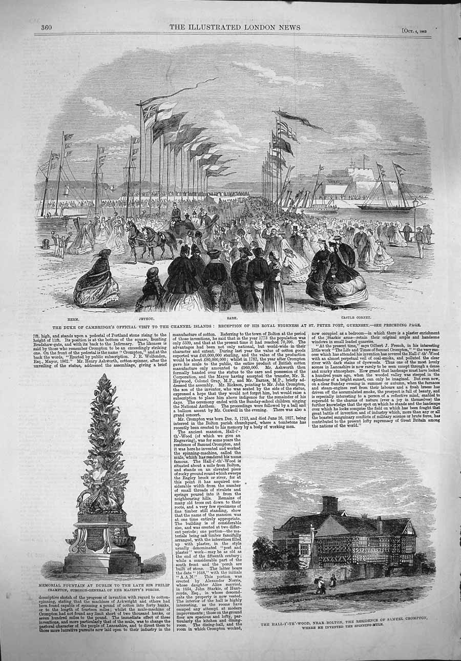 Original Old Antique Print 1862 Duke Cambridge Channel Islands Guernsey Bolton