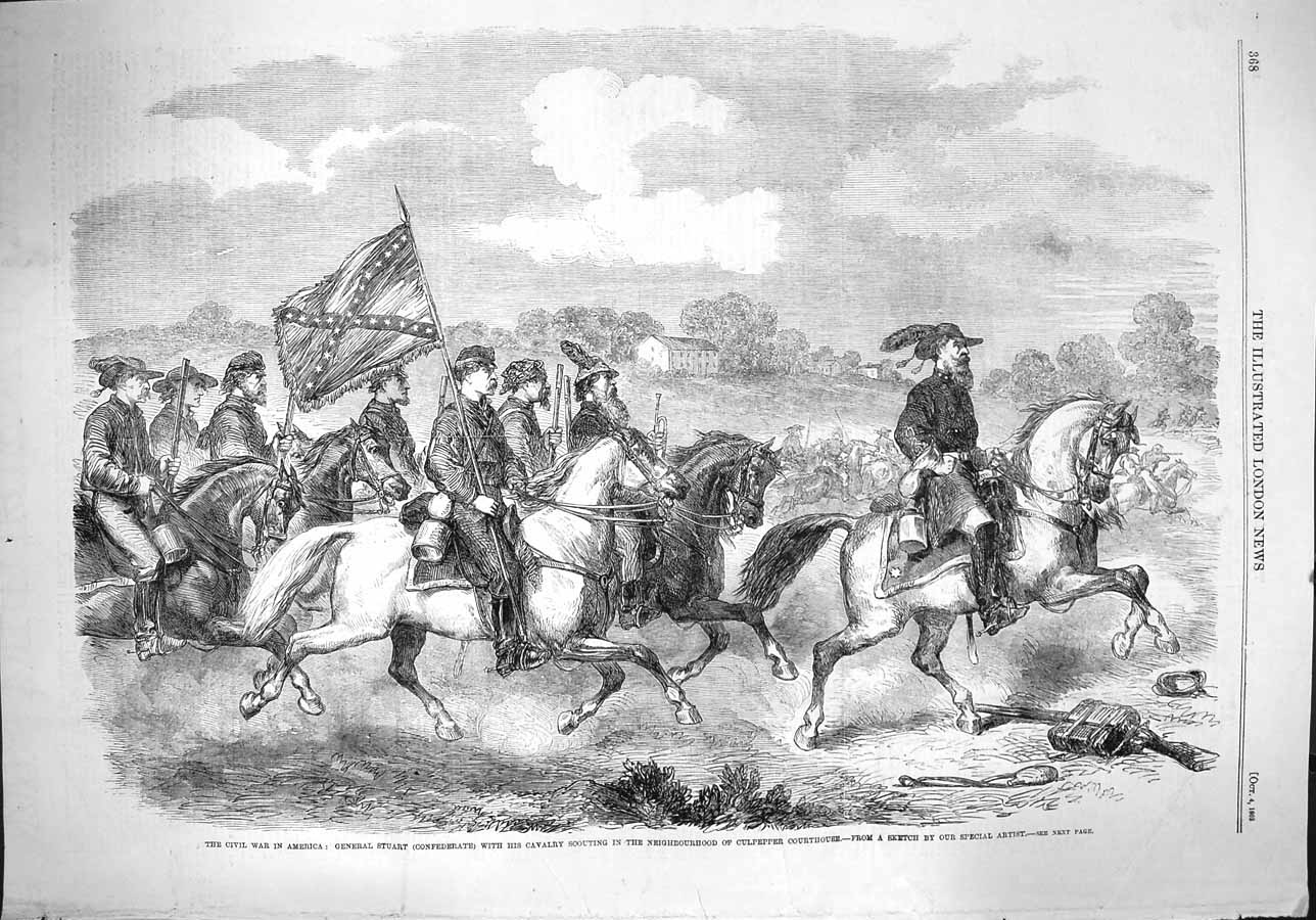 Original Old Antique Print 1862 General Stuart War America Culpepper Courthouse