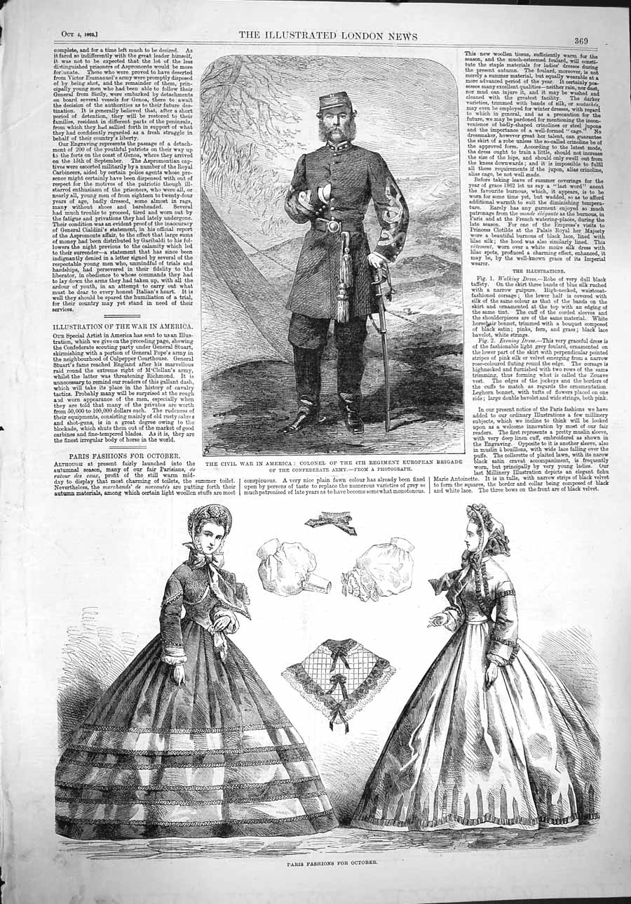 Original Old Antique Print 1862 War America Colonel Brigade Paris Fashion Dress