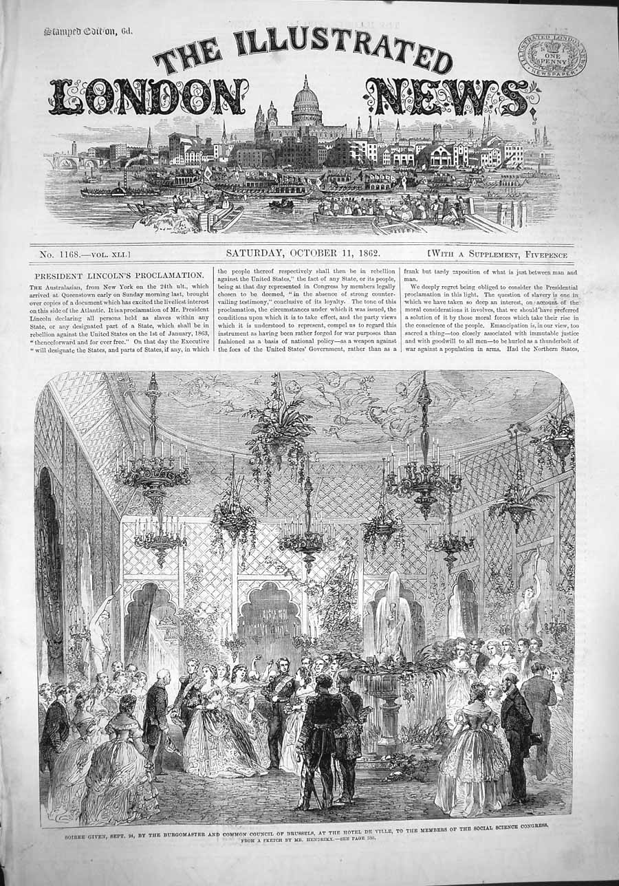 Antique Old Print *3817 1862 Soiree Burgomaster Council Brussels Hotel Ville