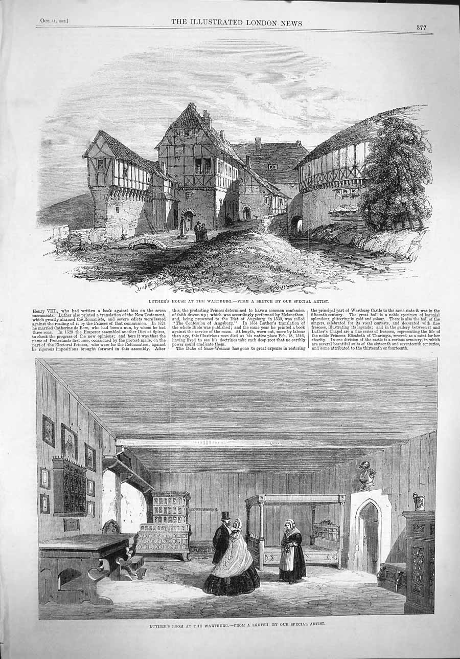 Original Old Antique Print 1862 Luther House Wartburg Bedroom 19th