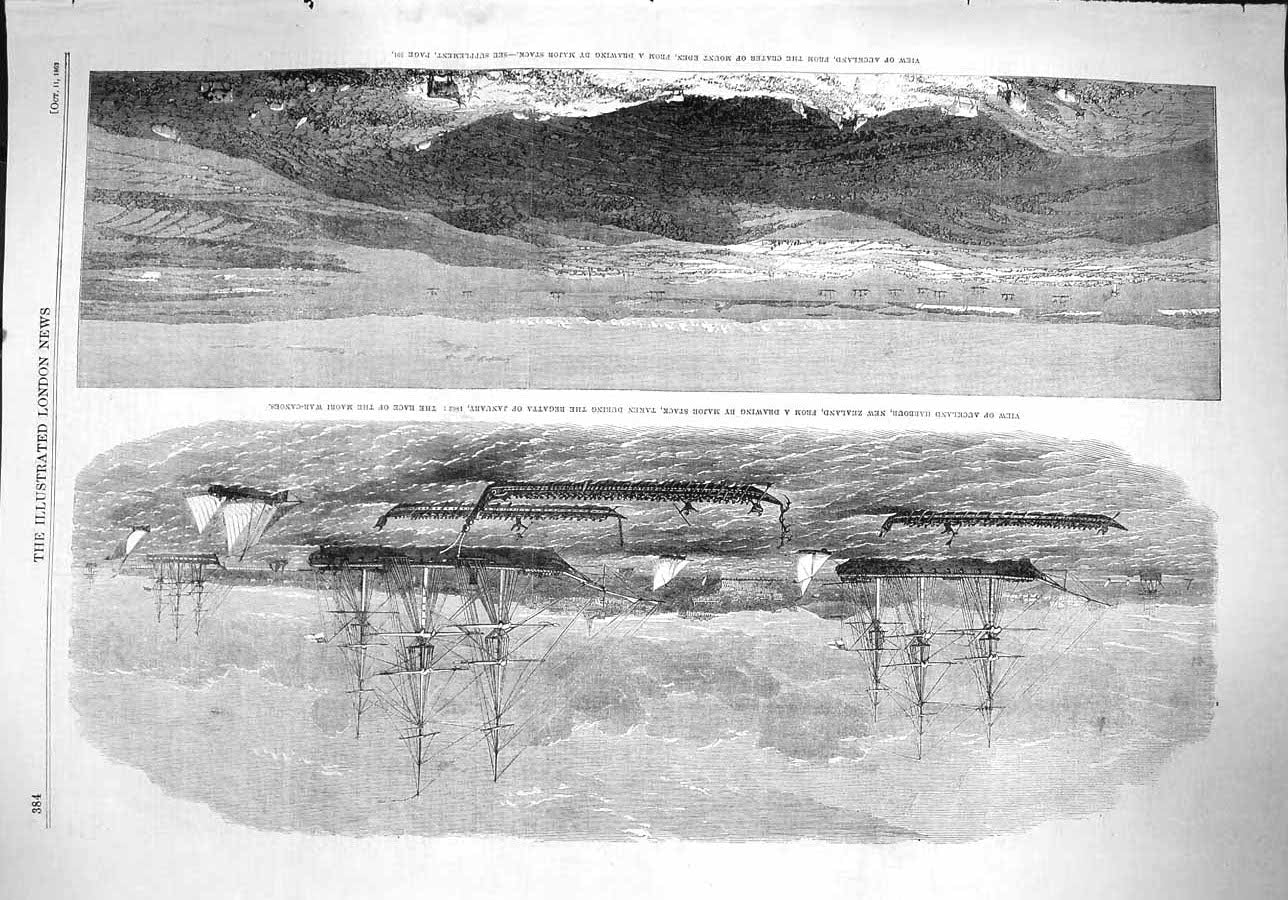 Original Old Antique Print 1862 Auckland Harbour New Zealand Major Sta Victorian