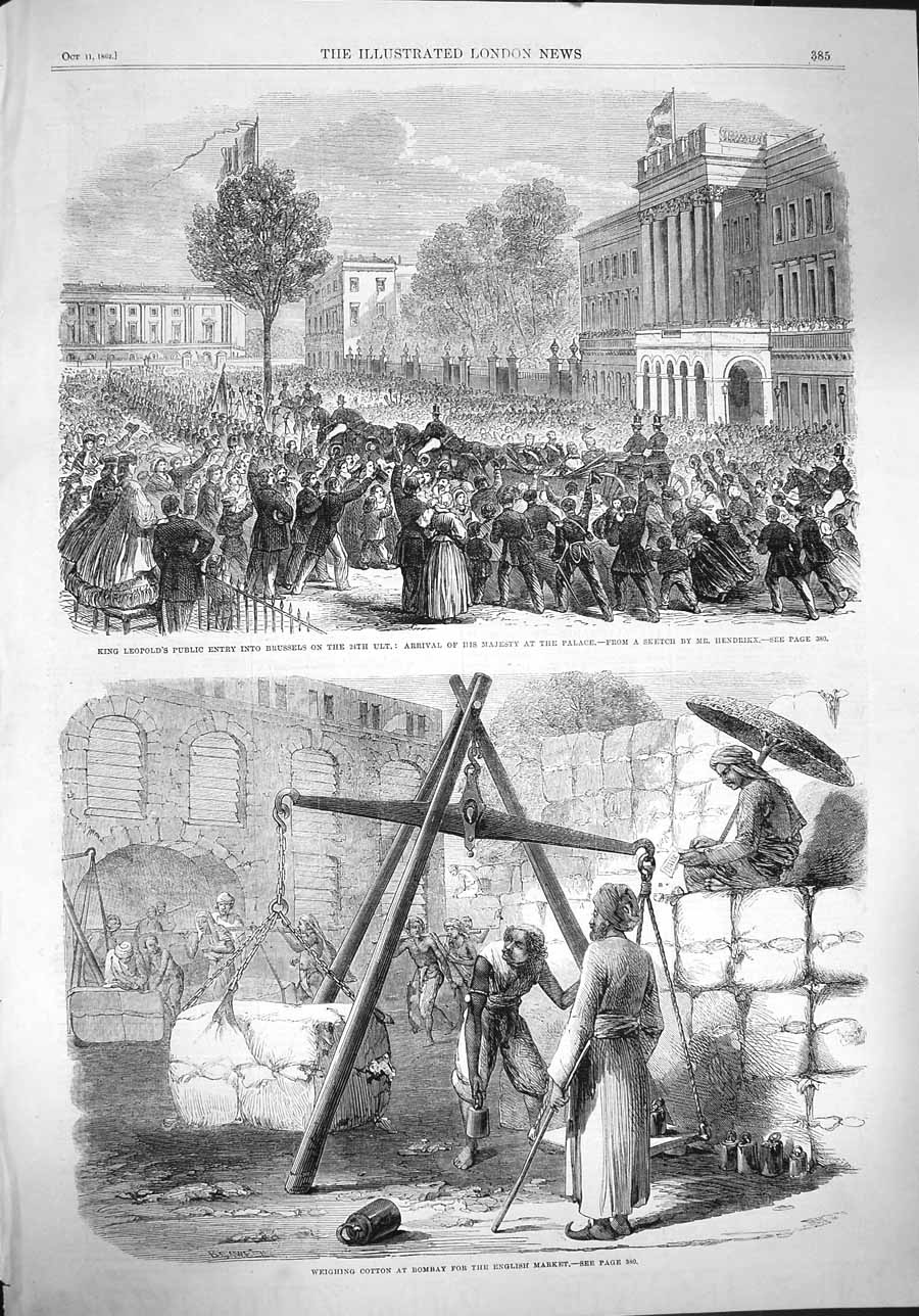 Original Old Antique Print 1862 King LeopPalace Brussels Cotton Bombay India
