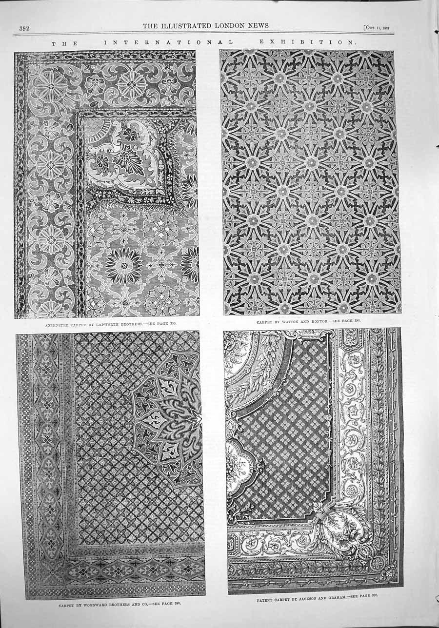 Original Old Antique Print 1862 Axminster Carpet Watson Bontor Woodward 19th