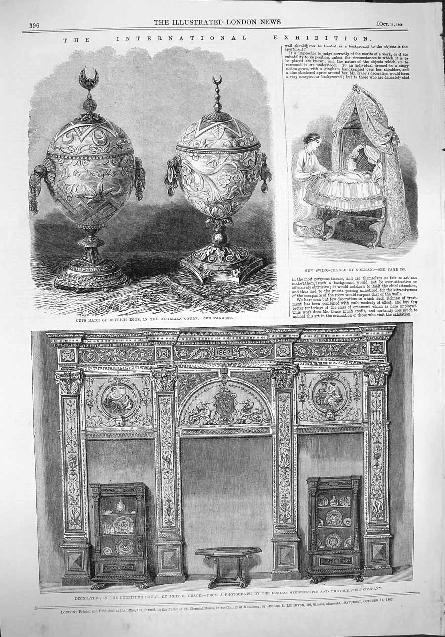 Original Old Antique Print 1862 Cups Ostrich Eggs Swing-Cradle Furniture Court