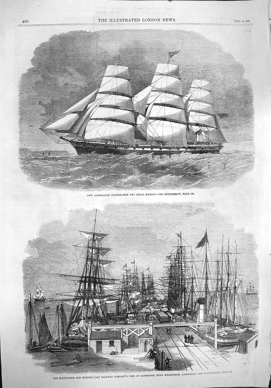 Original Old Antique Print 1862 Australian Clipper Ship Royal Family Sandridge