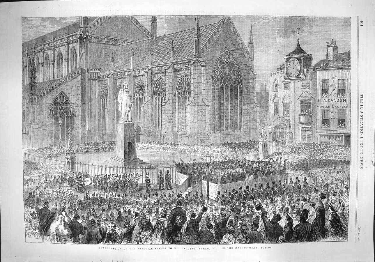 Original Old Antique Print 1862 Memorial Statue Herbert Ingram Market Boston