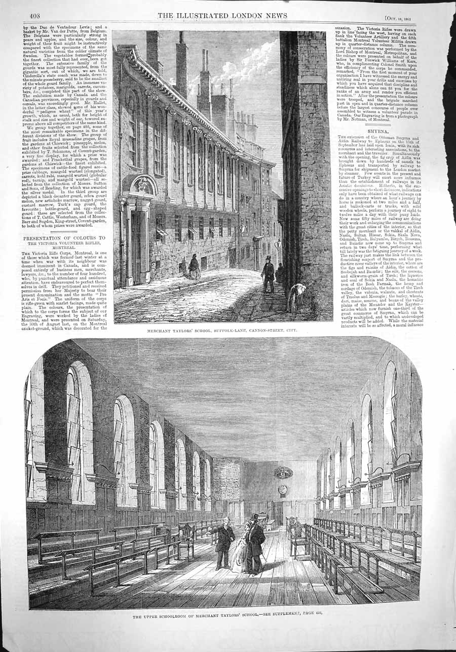 Old Antique Print 1862 Merchant Taylors School Cannon-Street City London 19th