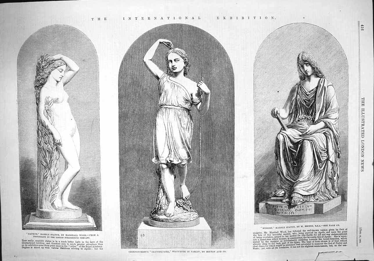 Original Old Antique Print 1862 Statue Brodie Thorneycroft Skipping Girl Daphne