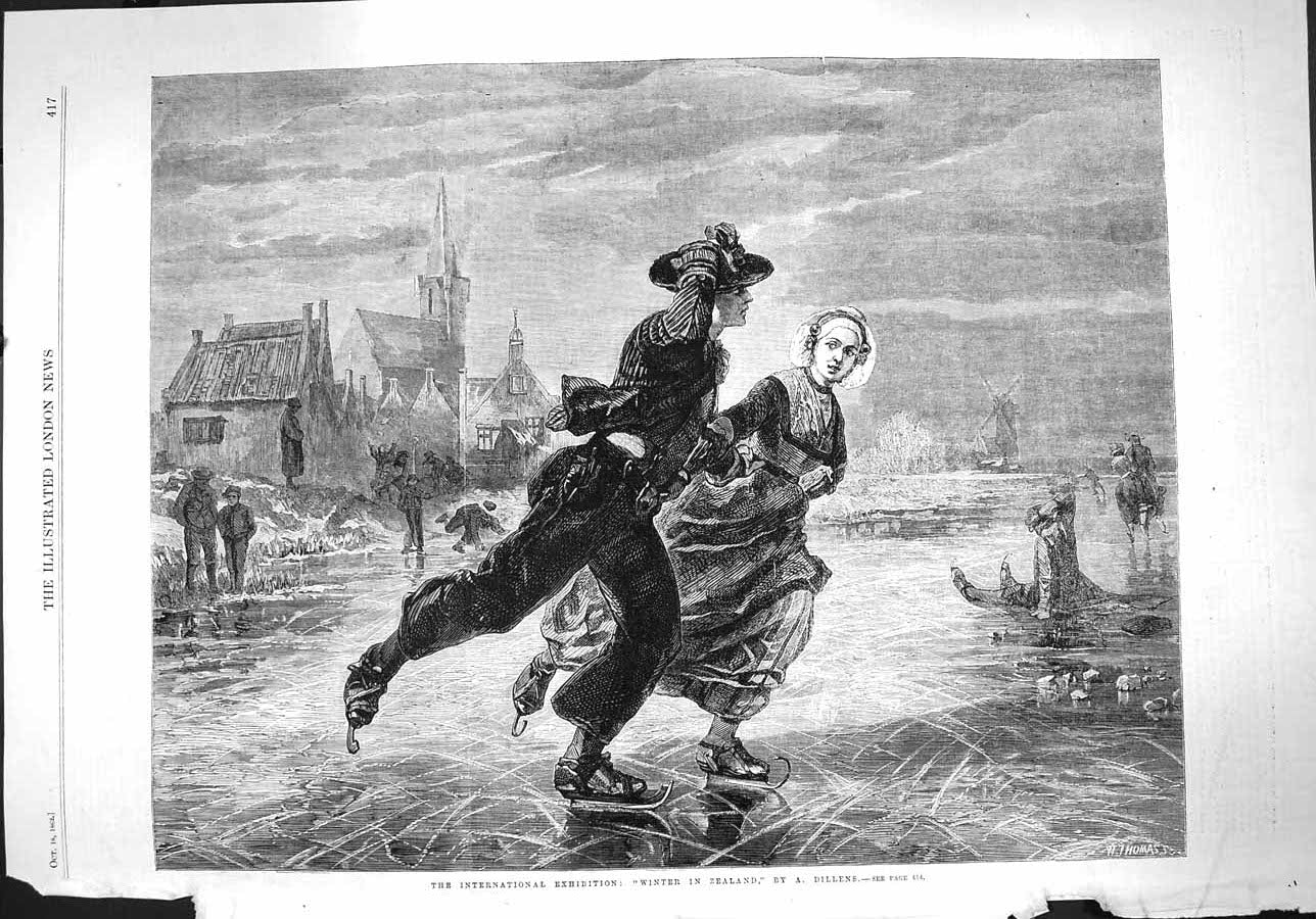 Original Old Antique Print 1862 Winter Zealand Ice Skating Exhibition Dillene