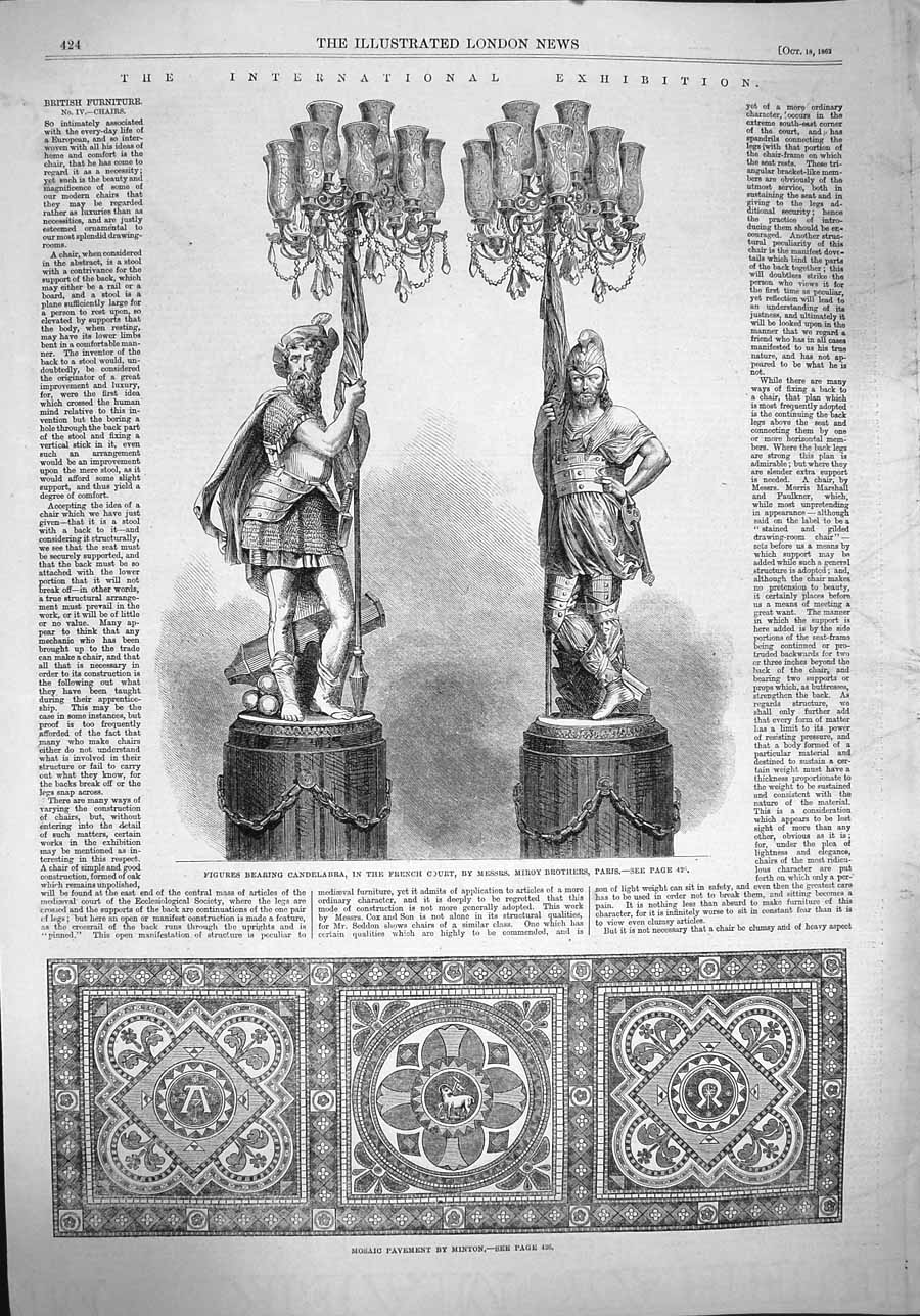Original Old Antique Print 1862 Mosaic Pavement Figures Candelabra Exhibition