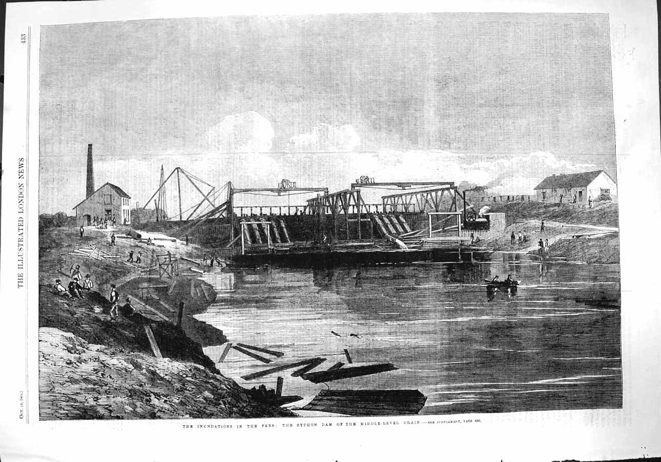 Original Old Antique Print 1862 Inundations Fens Syphon Dam Middle-Level Drain