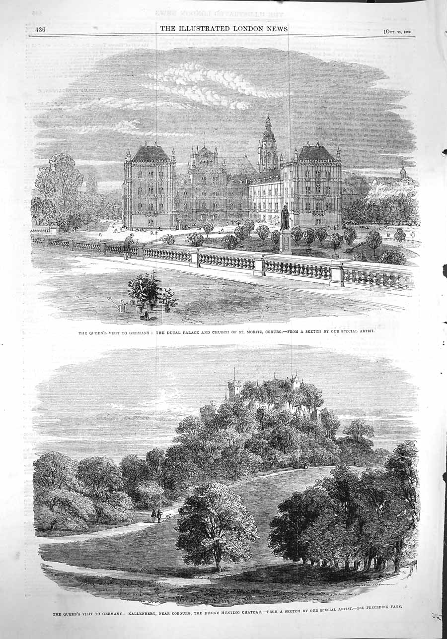 Old Antique Print 1862 Queen Germany Ducal Palace Church Coburg Chateau 19th