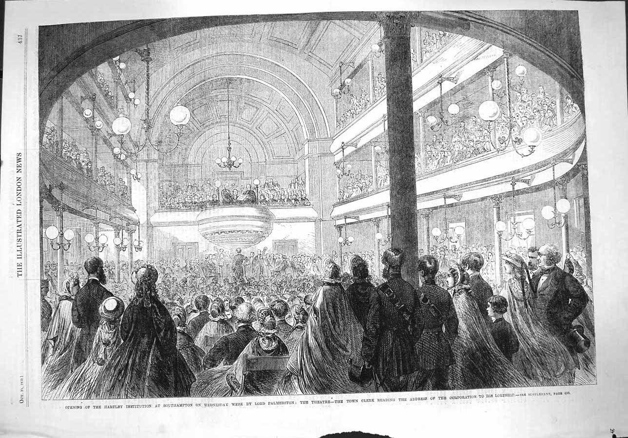 Original Old Antique Print 1862 Lord Palmerston Theatre Town Clerk Southampton