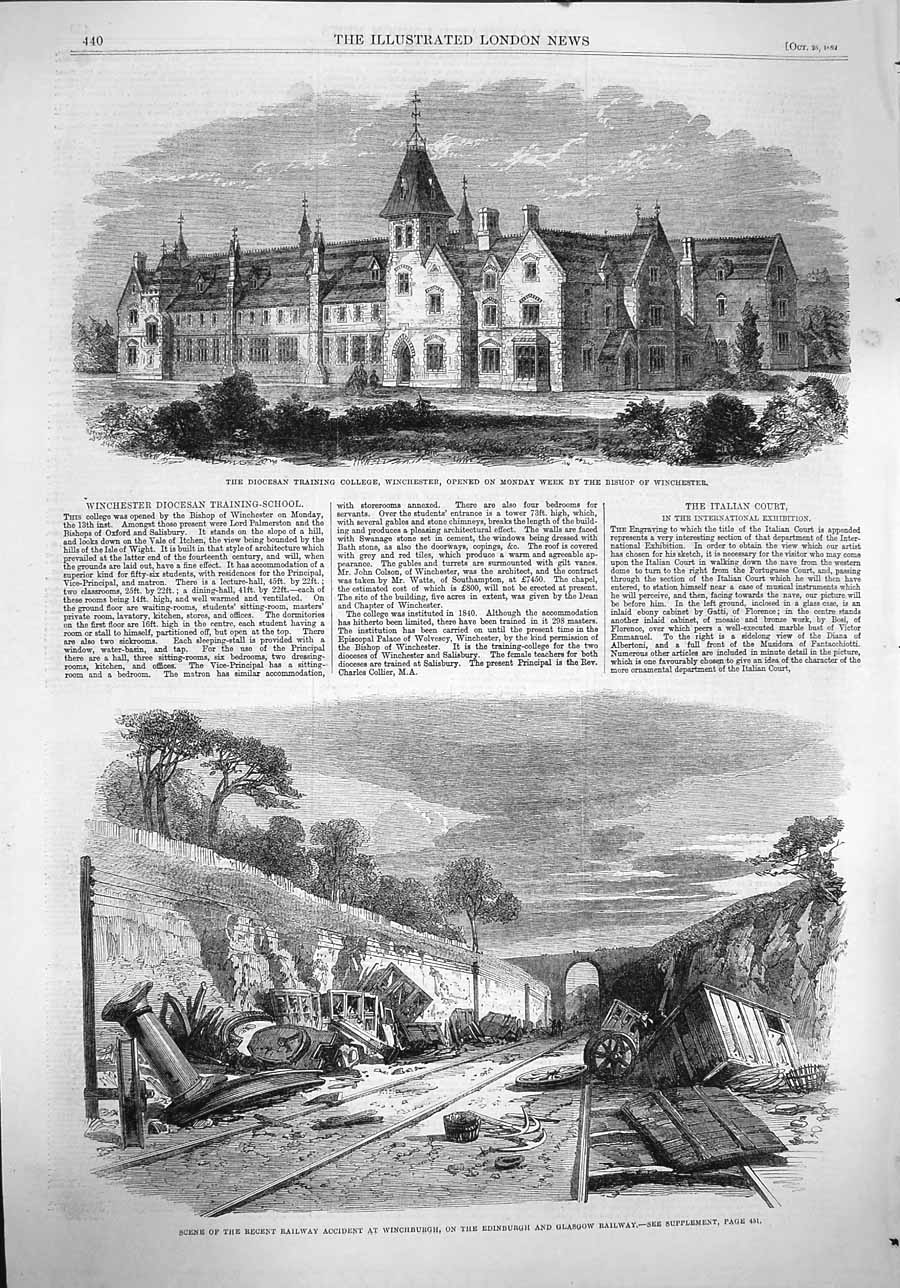 Original Old Antique Print 1862 Diocesan College Winchester Railway Edinburgh