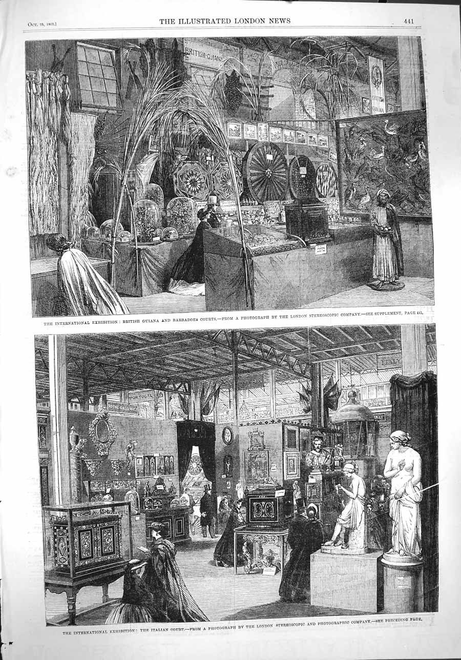Original Old Antique Print 1862 Italian Court International Exhibition Guiana