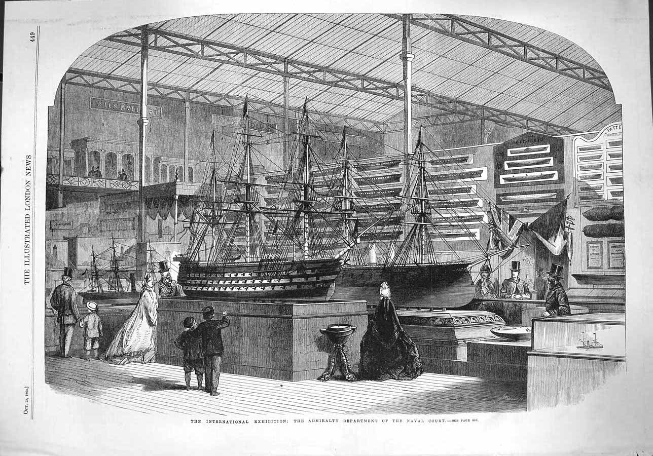 Original Old Antique Print 1862 Admiralty Naval Court Ships Exhibition 19th