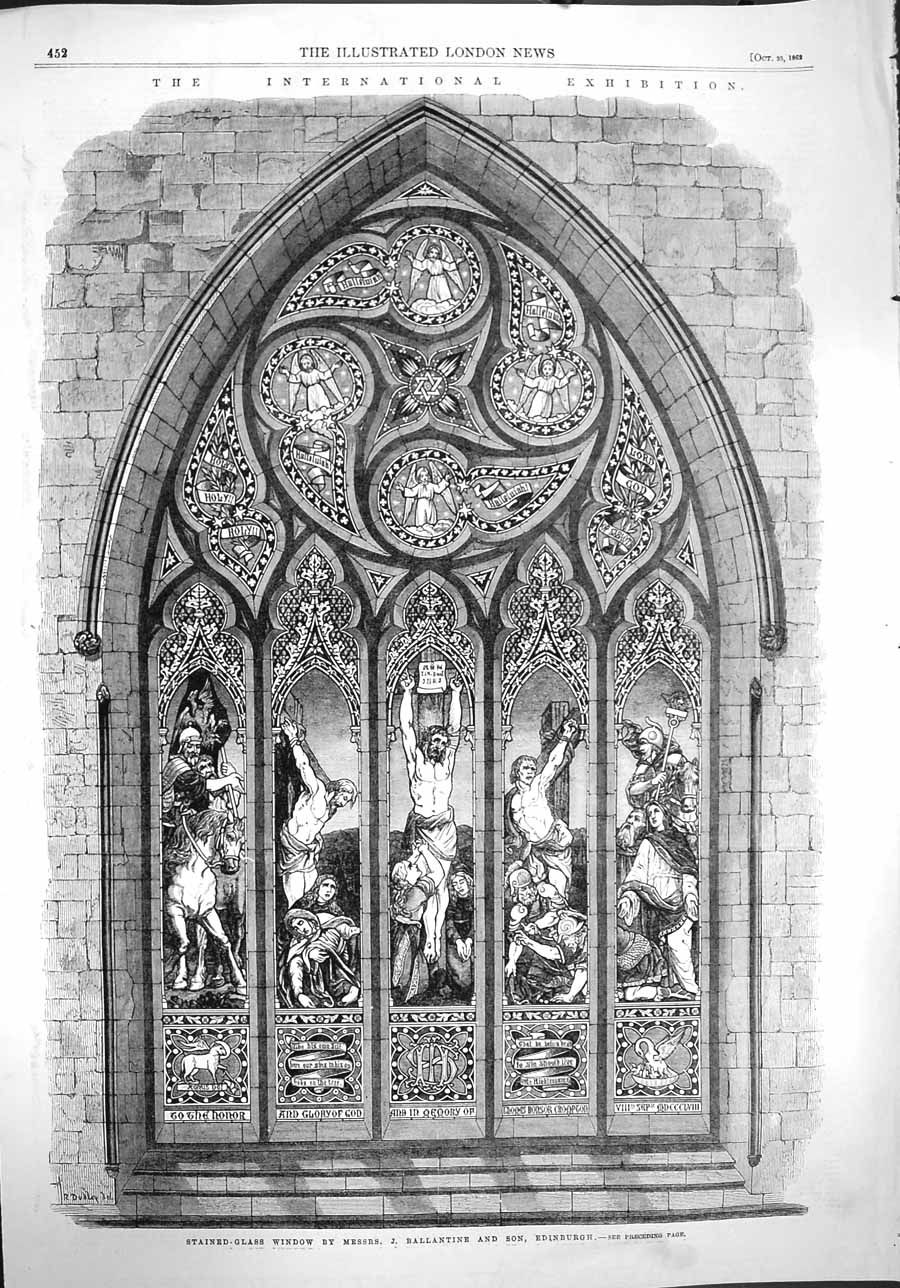 Original Old Antique Print 1862 Stained Glass Window International Exhibition