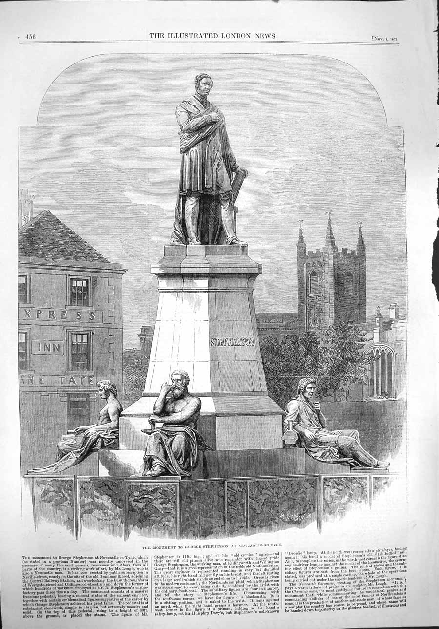 Original Old Antique Print 1862 Monument George Stephenson Newcastle-On-Tyne