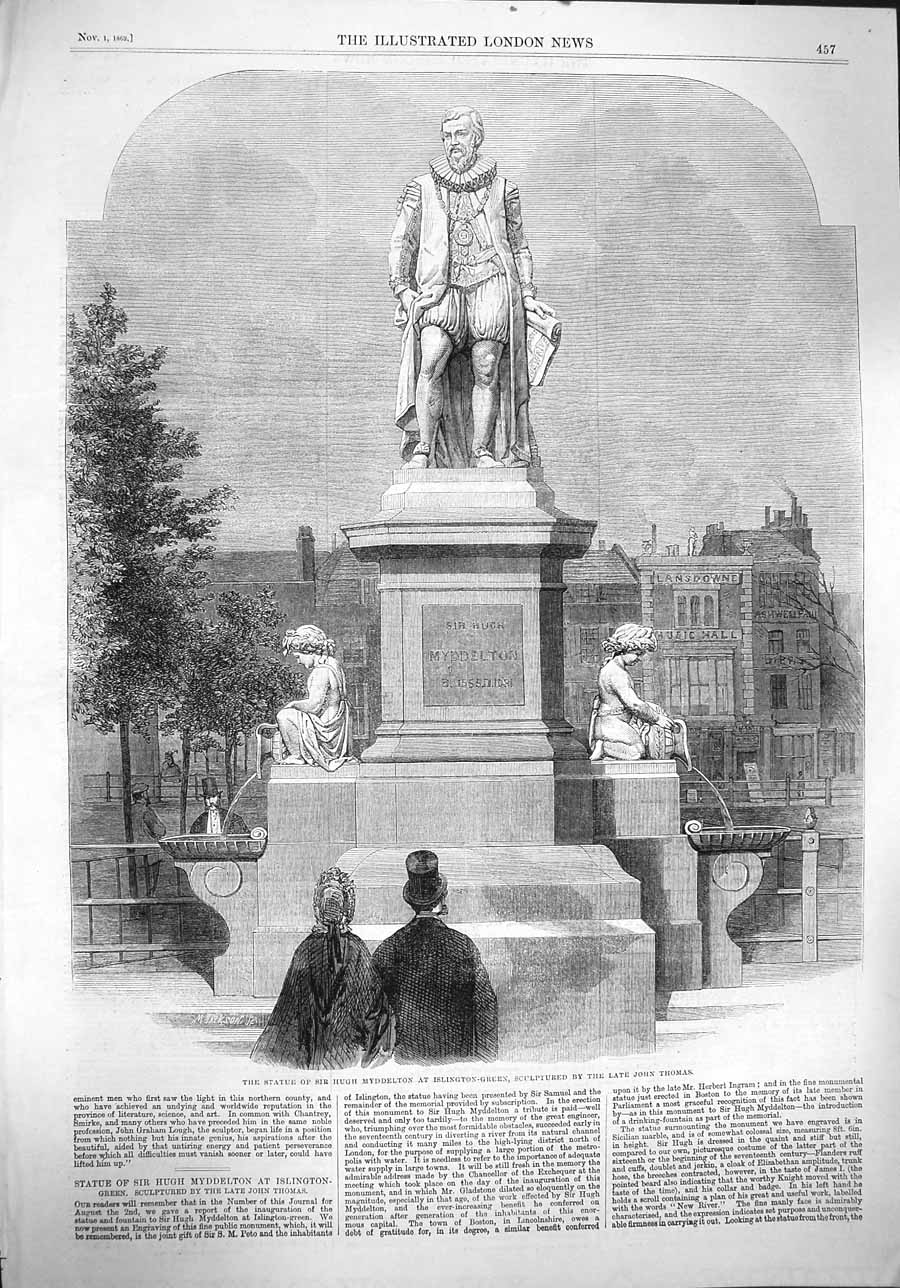 Original Old Antique Print 1862 Statue Hugh Myddelton Islington Green Thomas