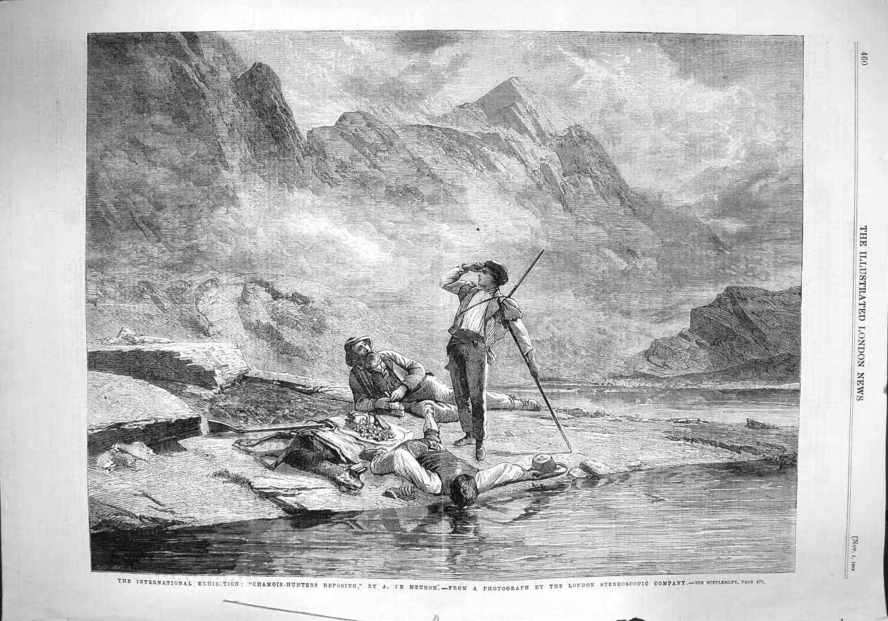 Original Old Antique Print 1862 Chamois-Hunters Scene River Exhibition Meuron