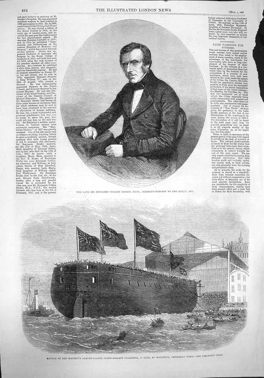 Original Old Antique Print 1862 Benjamin Collins Brodie Woolwich Ship Caledonia