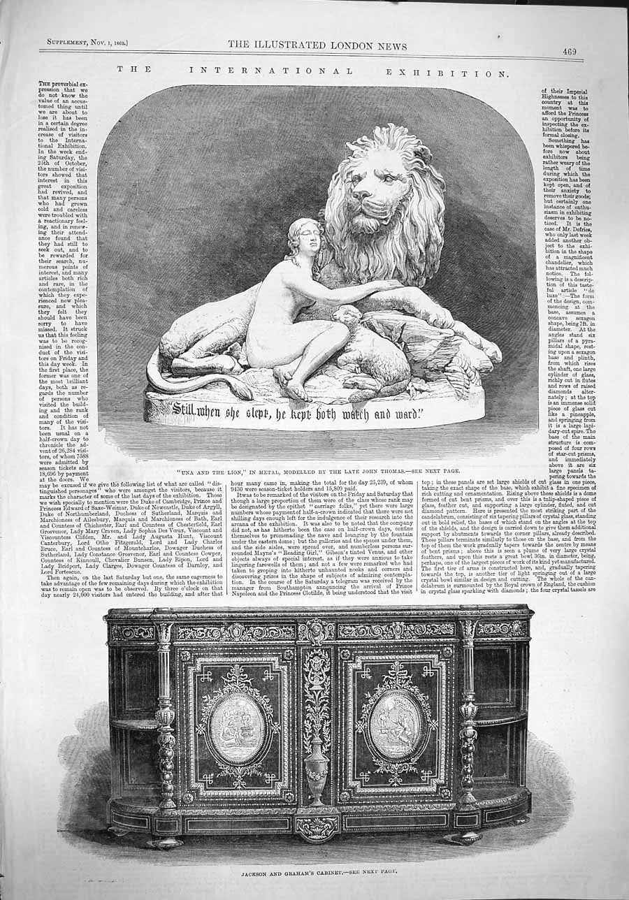 Old Antique Print 1862 Una Lion Thomas Jackson Graham Cabinet Exhibition 19th