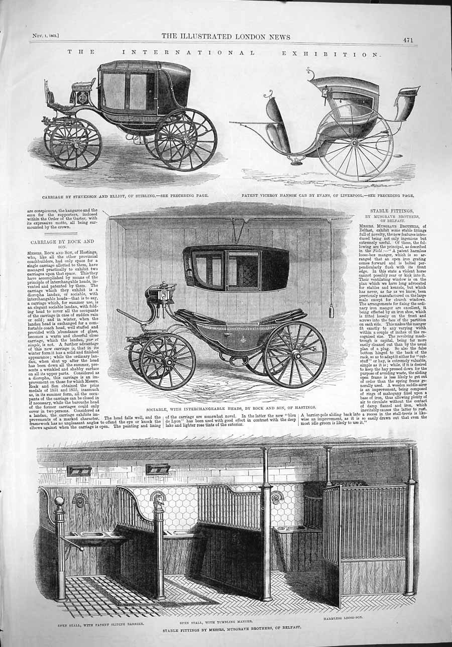 Original Old Antique Print 1862 Hansom Cab Carriage Transport Stable Fu 19th