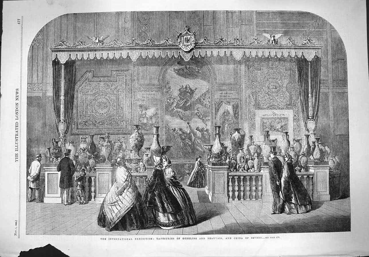 Original Old Antique Print 1862 Tapestries Gobelins Beauvais China Sevres 19th