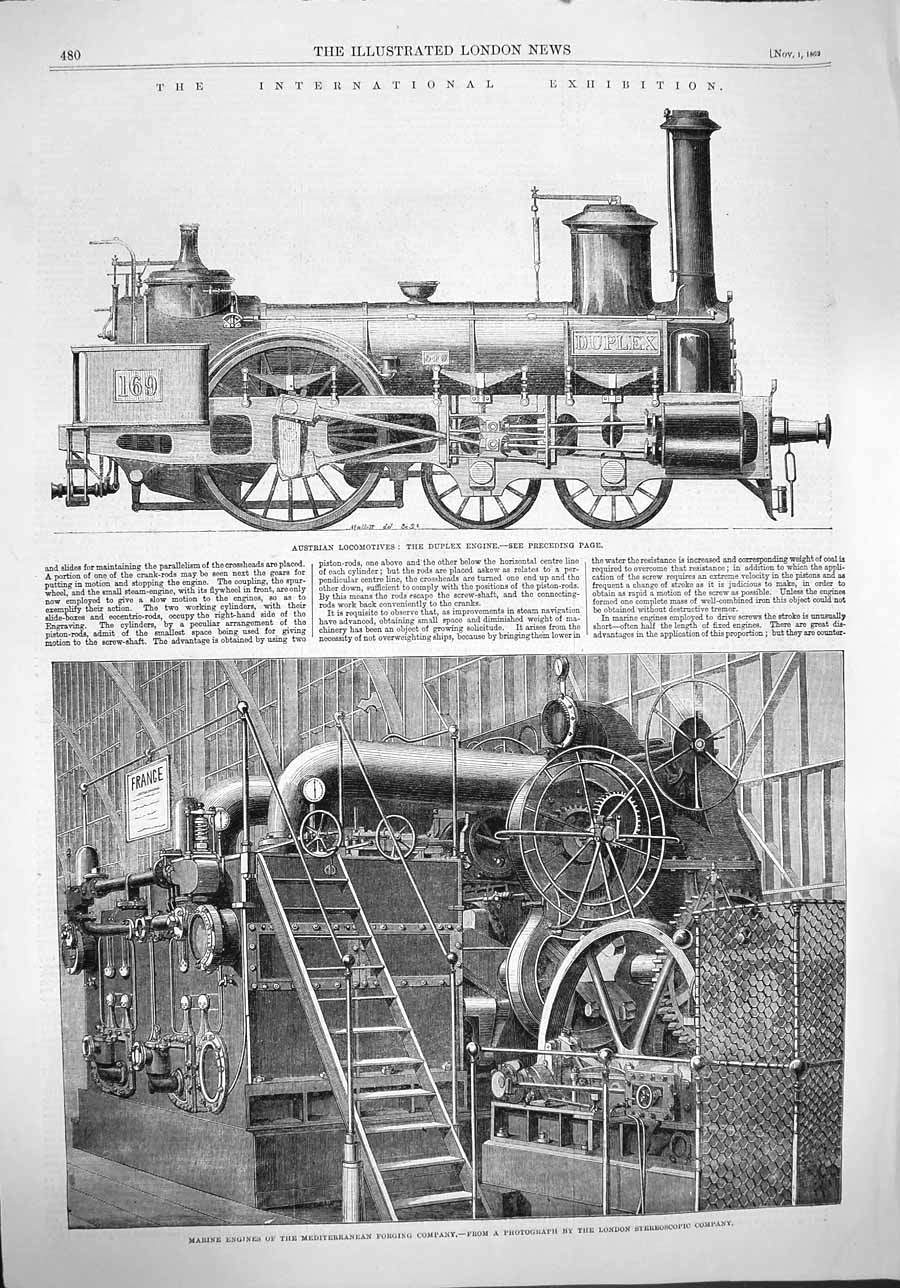 Original Old Antique Print 1862 Marine Engines Train Industrial Exhibition Flax