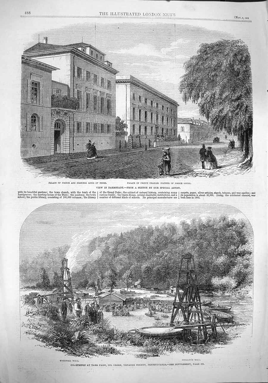Original Old Antique Print 1862 Darmstadt Palace Hesse Oil-Springs Tarr F 19th