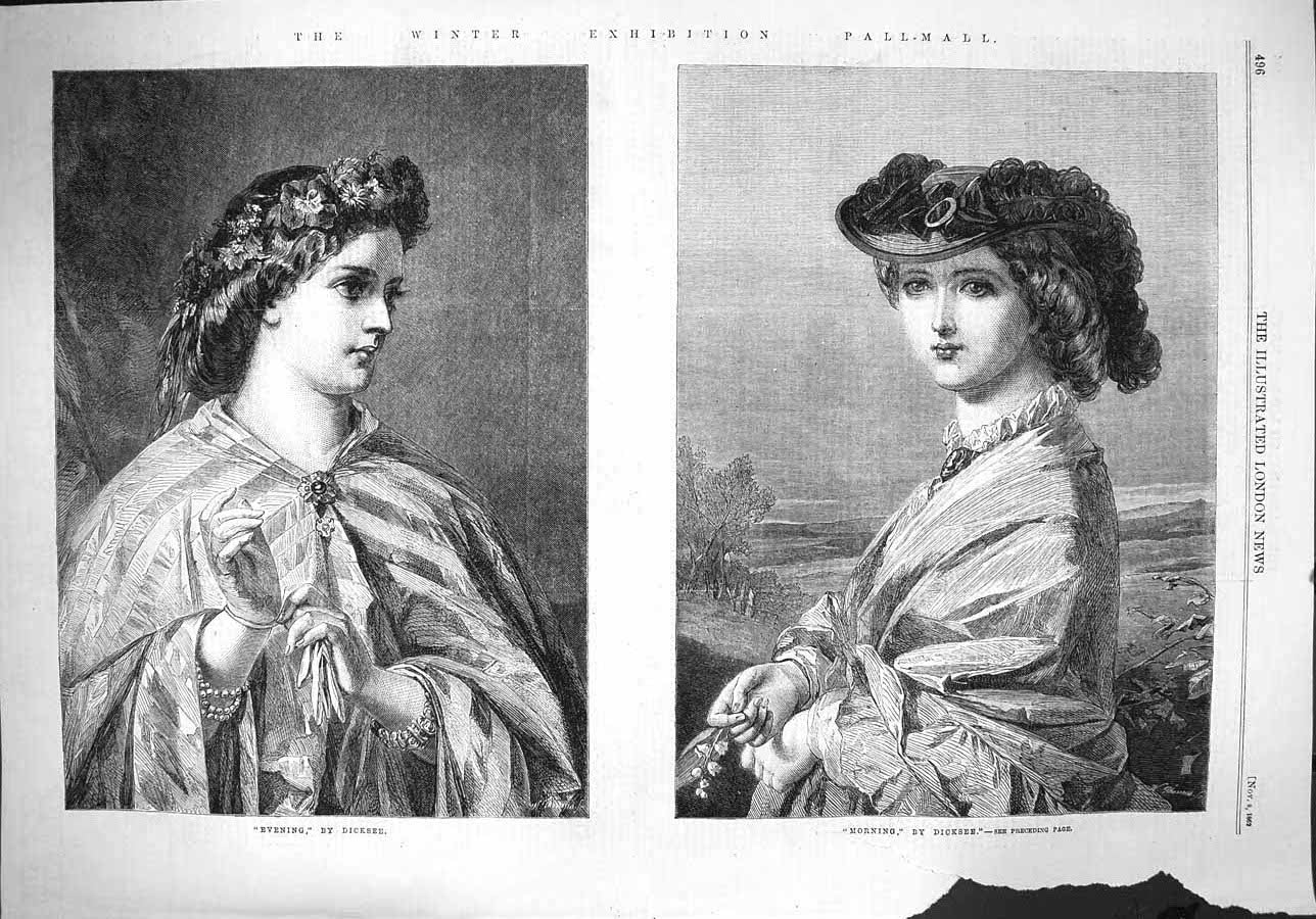 Old Antique Print 1862 Pall Mall Art Exhbition Morning Evening Dress Lady 19th