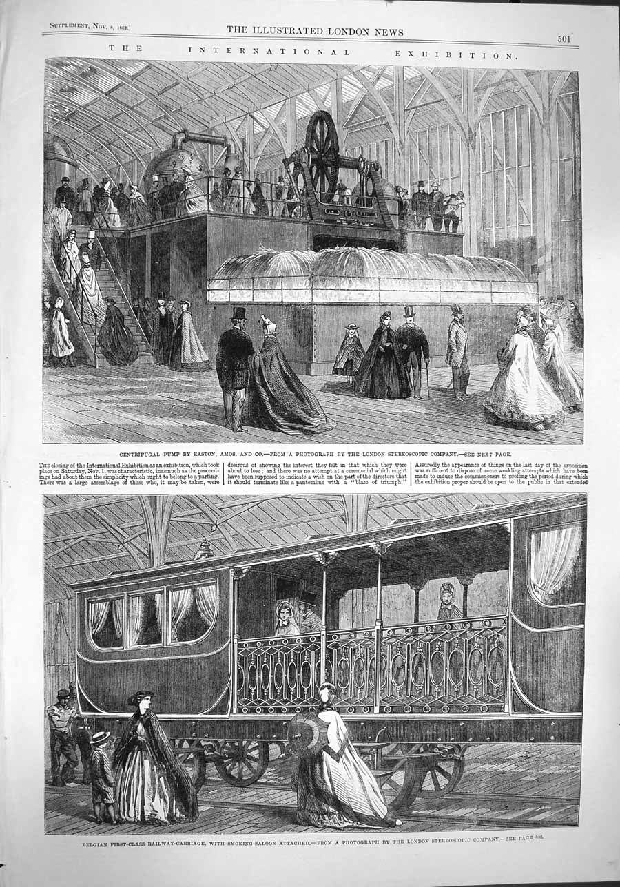 Old Antique Print 1862 Centrifugal Pump Easton Belgian Railway Carriage 19th