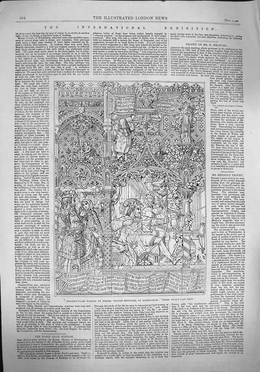 Original Old Antique Print 1862 Stained Glass Window Chance Brothers Bir 19th