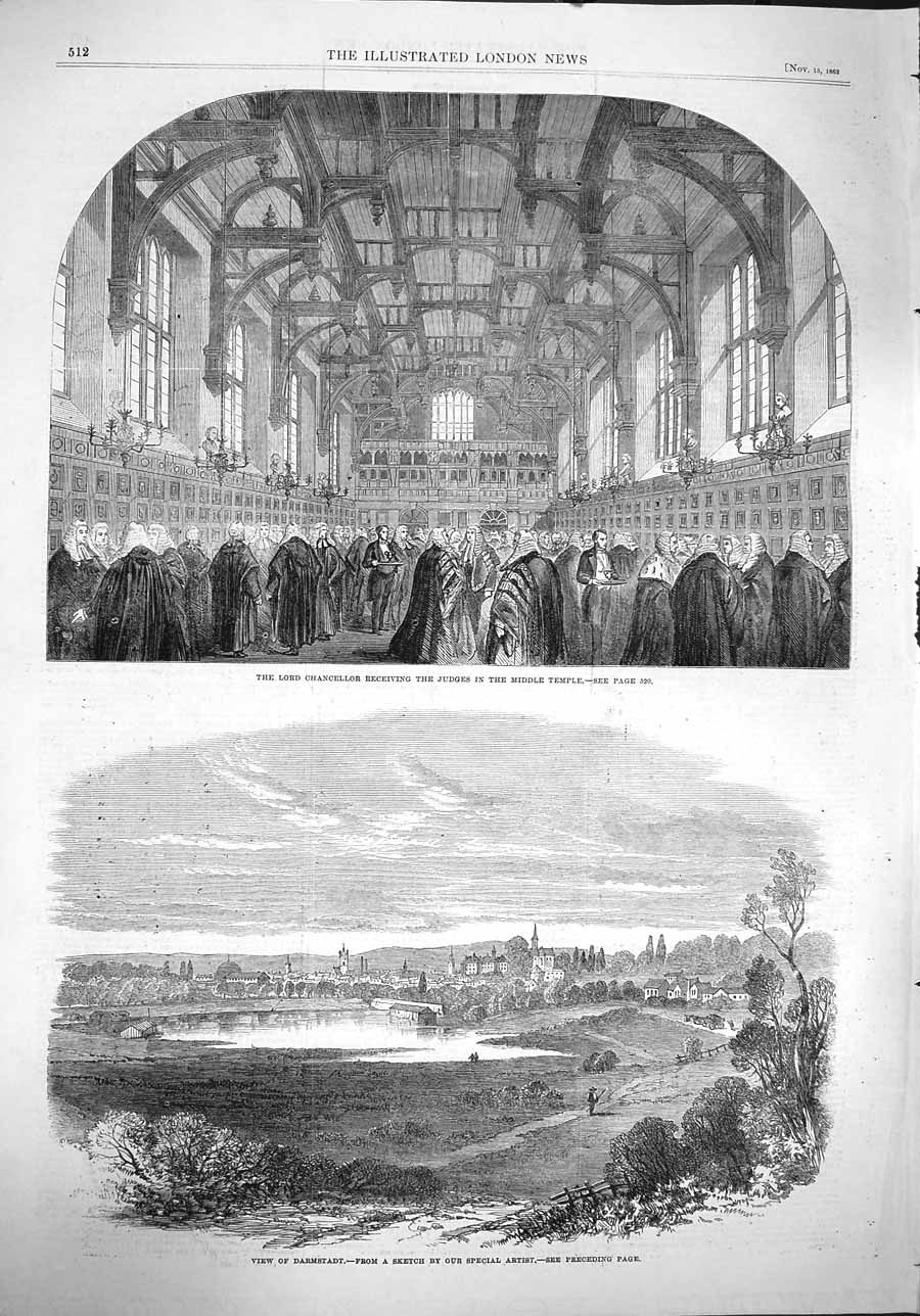 Original Old Antique Print 1862 Lord Chancellor Judges Middle Temple Darmstadt