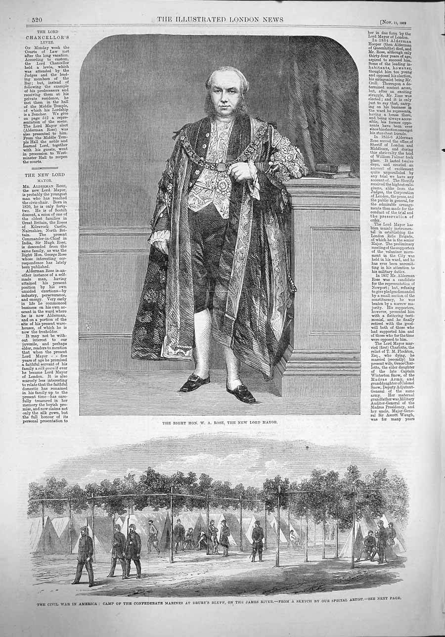 Original Old Antique Print 1862 Rose Lord Mayor War America Confederate 19th