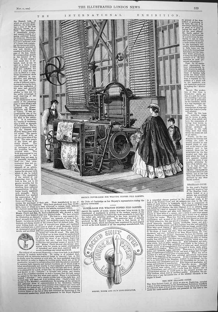 Old Antique Print 1862 International Exhibition Smith Loom Pile Carpets 19th