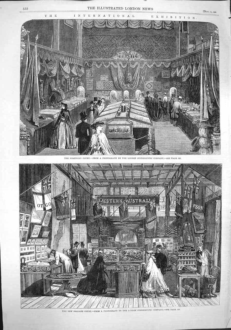 Old Antique Print 1862 Brazillian Court International Exhibition Zealand 19th