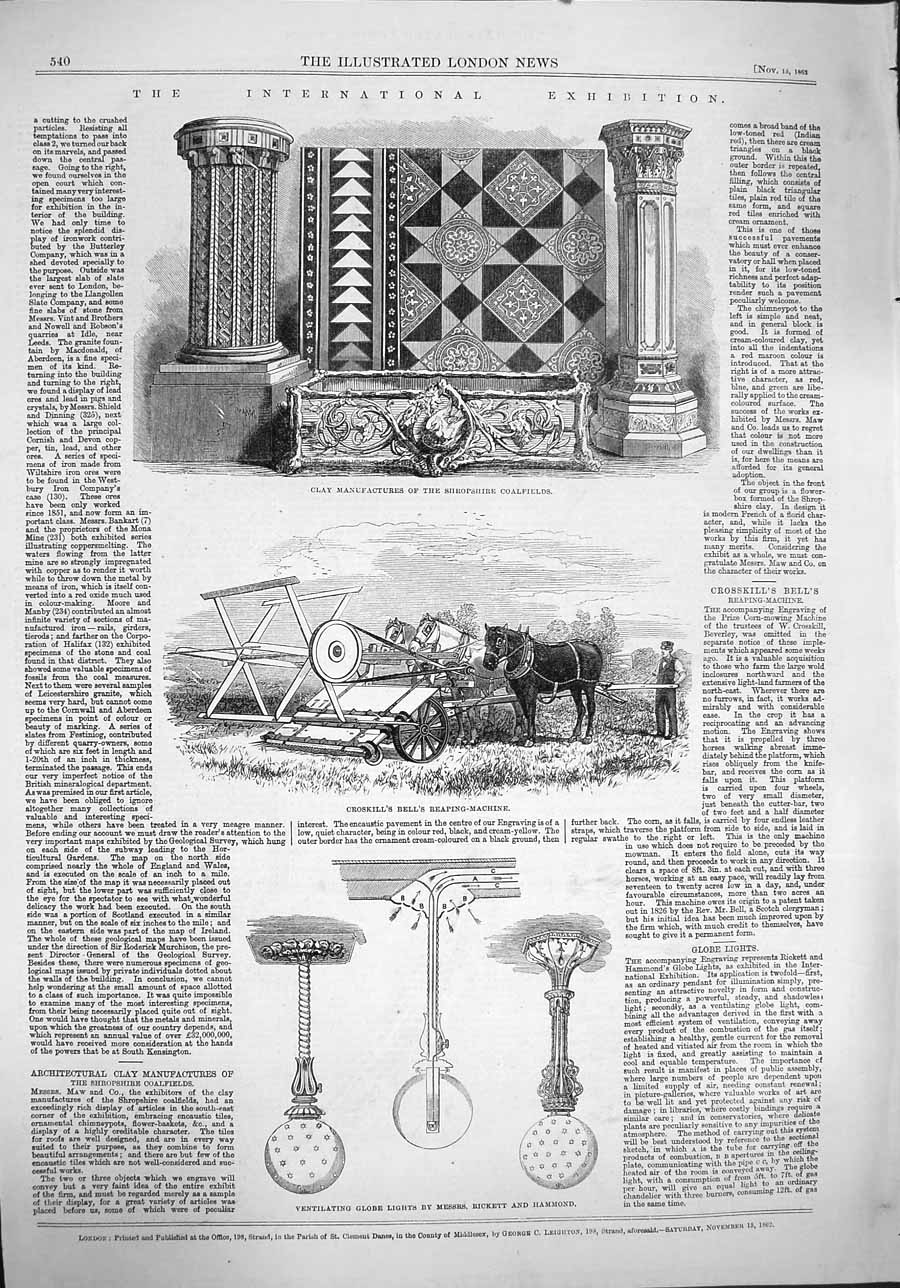 Original Old Antique Print 1862 Clay Manufactures Shropshire Croskill Reaping