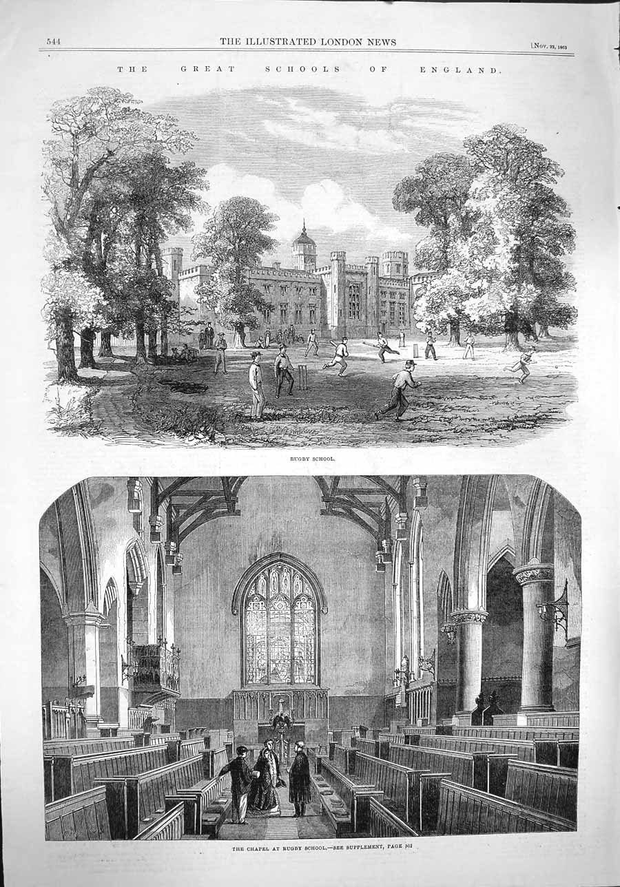 Original Old Antique Print 1862 Schools England Rugby Chapel Cricket Sport Boys